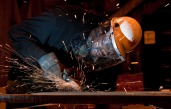 Newport News third shift fabricator, Christopher Leonard in the steel fab shop, 9/15/2010.